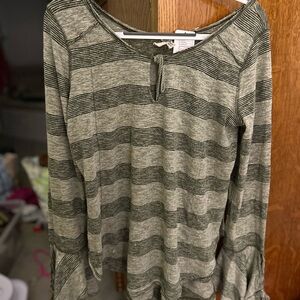 Free People Green Striped Long Sleeve Tee bell sleeve NWT key hole shirt top